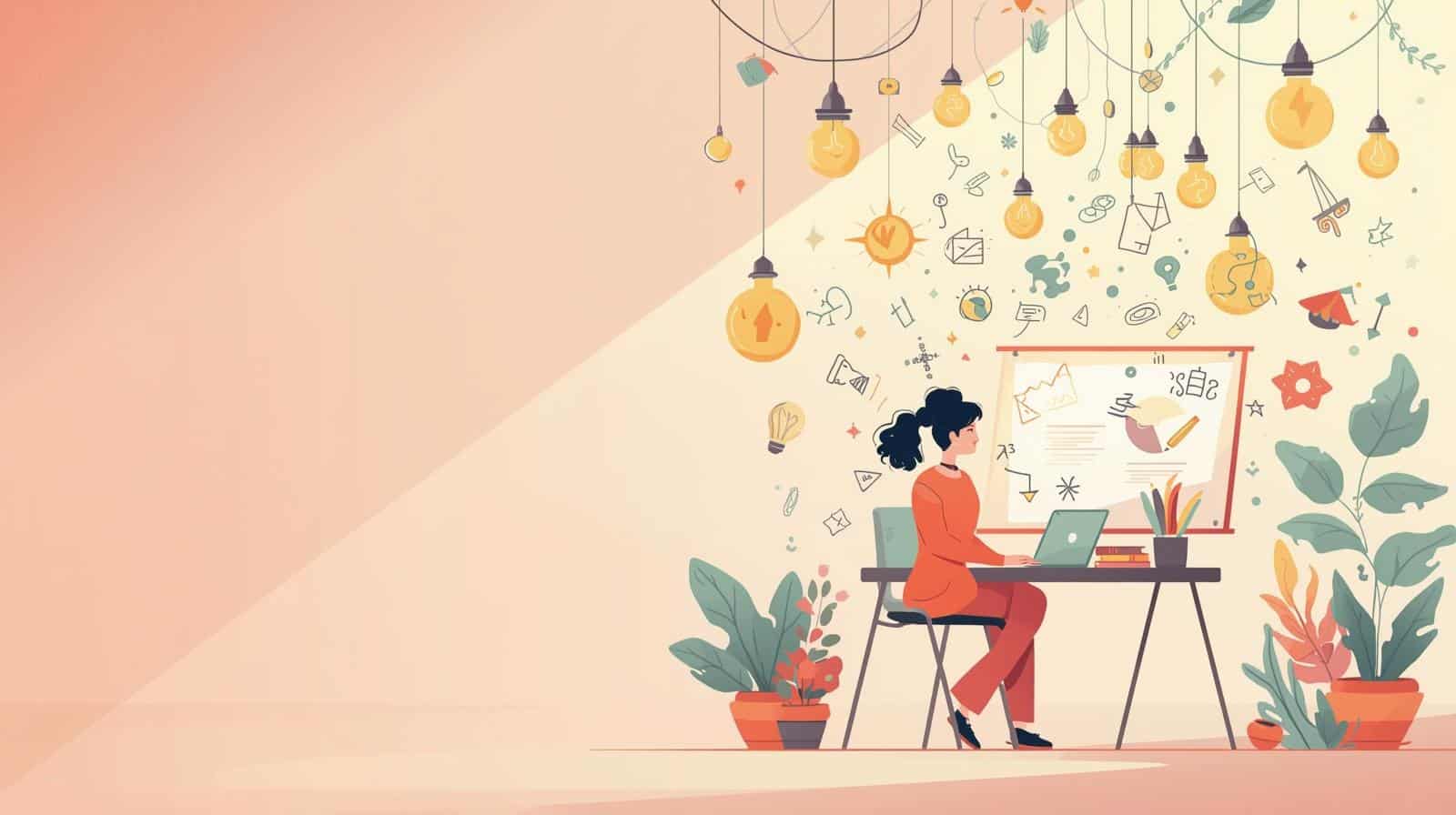 Illustration of a person surrounded by floating ideas, sketches, and lightbulbs, sitting at a desk