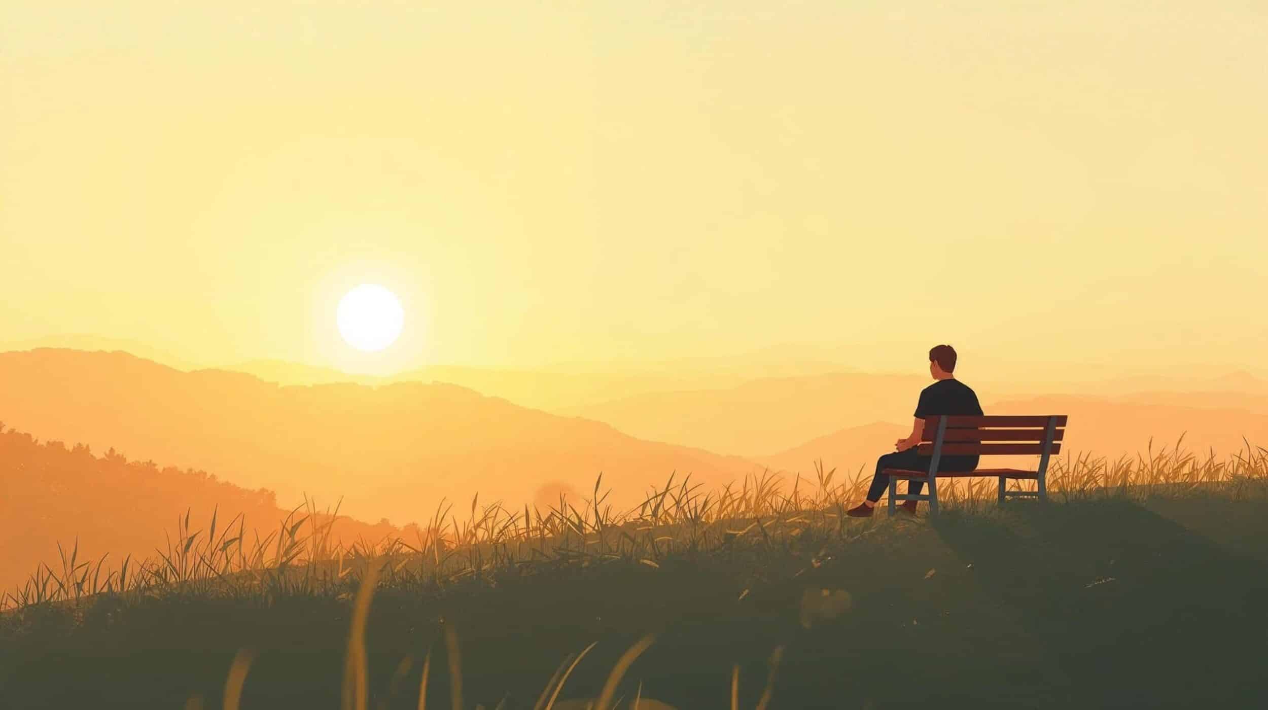person sitting on a bench looking at sunset